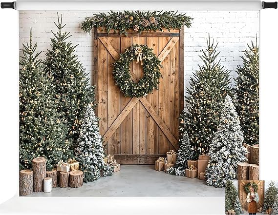 Kate Christmas Tree Barn Door Wooden Gifts Candles Backdrop Photo Background Studio Props,7x5ft