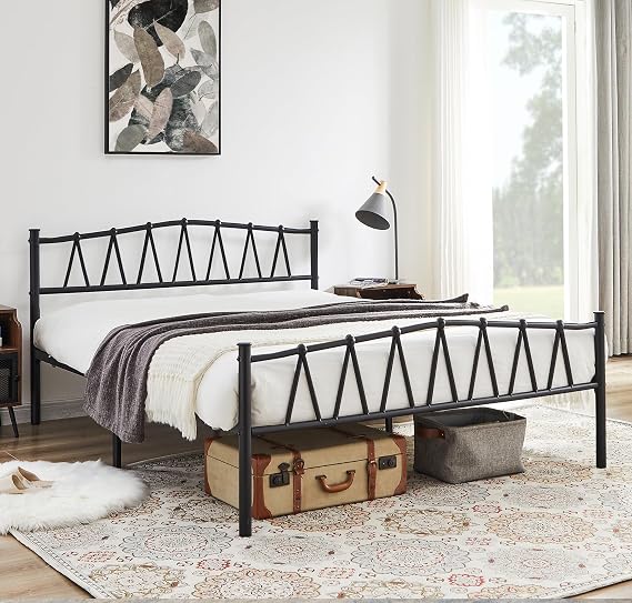 VECELO Full Size Bed Frame with M Shape Headboard/Mattress Foundation/No Box Spring Needed, Matte Black
