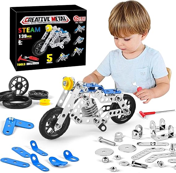 Ferthor Fun Creative Set Motorcycle,Stem Building Projects Toys for Kids 8 9 10 11 12+ Year Old,Metal Building Construction Model kit, 5 in 1 Motobike Building Blocks Steam Educational Toys(139PCS)