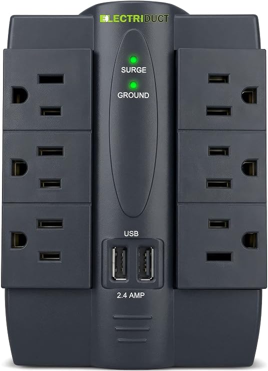 Electriduct 6 AC Outlet Power Surge Protector with 2 Ports USB Wall Charger 2.4 Amp and Swivel Sockets - Black