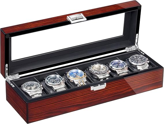 BEWISHOME Watch Case, 6 Slot Wooden Watch Box for Men with Large Glass Lid