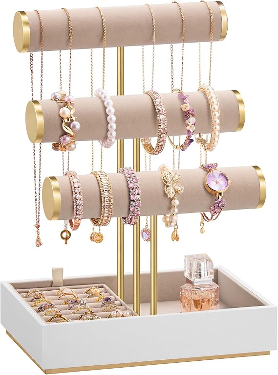 SONGMICS Bracelet Holder Stand, 3 Tiers, Removable Ring Holder | Jewelry Organizer, Flocking Fabric Tray, Pale Gold and Tan, CAELEY Collection UJJS027A01