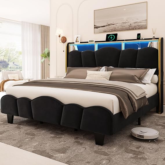 LARMACE King Size Bed Frame with LED Lights and Charging Station Velvet Upholstered Platform Bed Frame with Storage Headboard, No Box Spring Needed, Easy Assembly, Black
