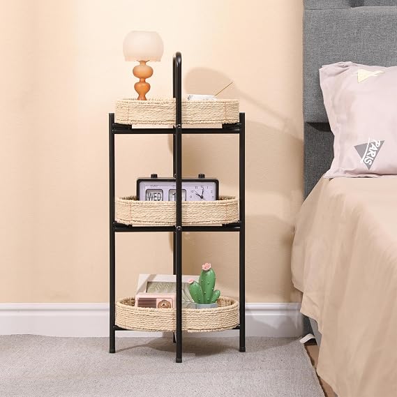 Small 3-Tier Metal Floor Rack with Oval Paper Rope Handwoven Storage Baskets,Portable Standing Organizer Shelf for Kitchen Living Room Bedroom,Natural(8.26" D x 11.81" W x 28.74" H)