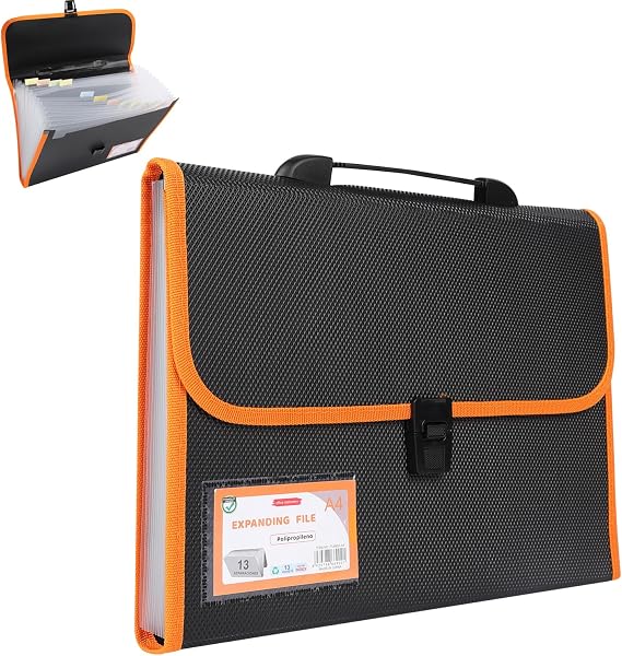 A4 File Folder with Handle 13 Pockets Portable Document Folders for Papers Concertina File Expanding Box Paper Organizer for Office School Home with Tabs (Orange-B)