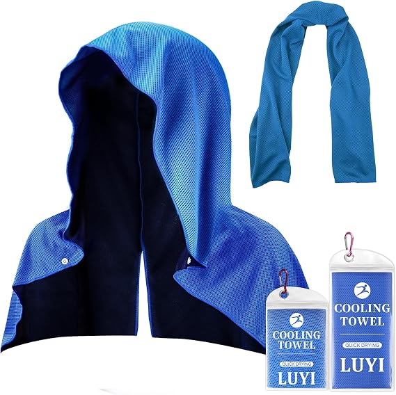 2 Pack Cooling Hoodie Towels Set, Cooling Towels for Neck and Face, Microfiber Soft Breathable Cooling Towel Bulk for Hot Weather, Gym, Sports, Yoga, Workout, Running, Golf, Camping, Hiking(Blue)