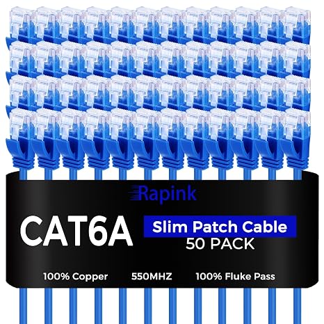 Rapink Patch Cables Cat6a 0.5ft (50 Pack) Slim, Cat6a Ethernet Patch Cable 10G Support, Snagless Cat 6 Patch Cable for Patch Panel to Switch, Flexiable Cat 6a Ethernet Cable with Gold Plated