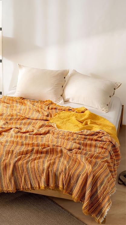 Boho Çizgili Yatak Örtüsü 4 Katlı Müslin Kumaşı%100 Pamuk Yumuşak Lüks Yazlık Pike Çift Kişilik Battal Boy 240x260 cm (Turuncu)