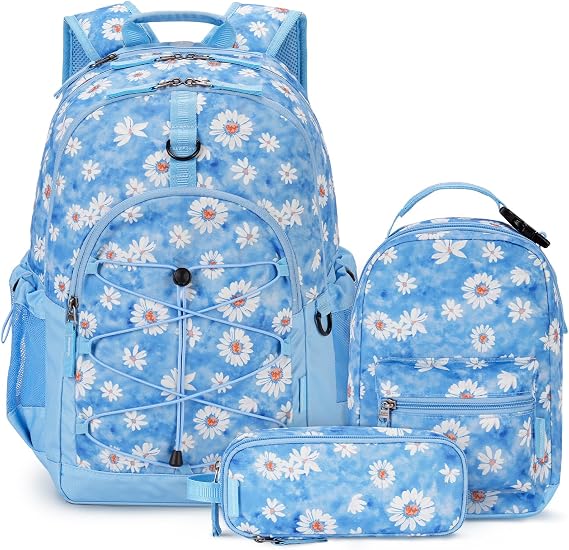 Choco Mocha Girls School Backpack with Lunch Box, Daisy Blue Backpack Set for Teen Girls 18 Inch Backpacks, 3 Pcs