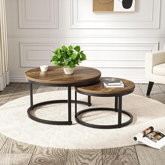 Hawthyhome Coffee Tables, Round Nesting Tables Tet of 2, Modern Side Tables with Metal Frame, Industrial Stacking End Tables for Living Room Bedroom Office, 60 * 60 * 45cm, Brown