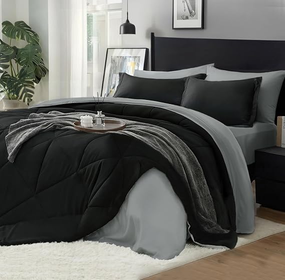 BEDELITE Twin Comforter Set 5 Pieces, Reversible Black Bed in A Bag