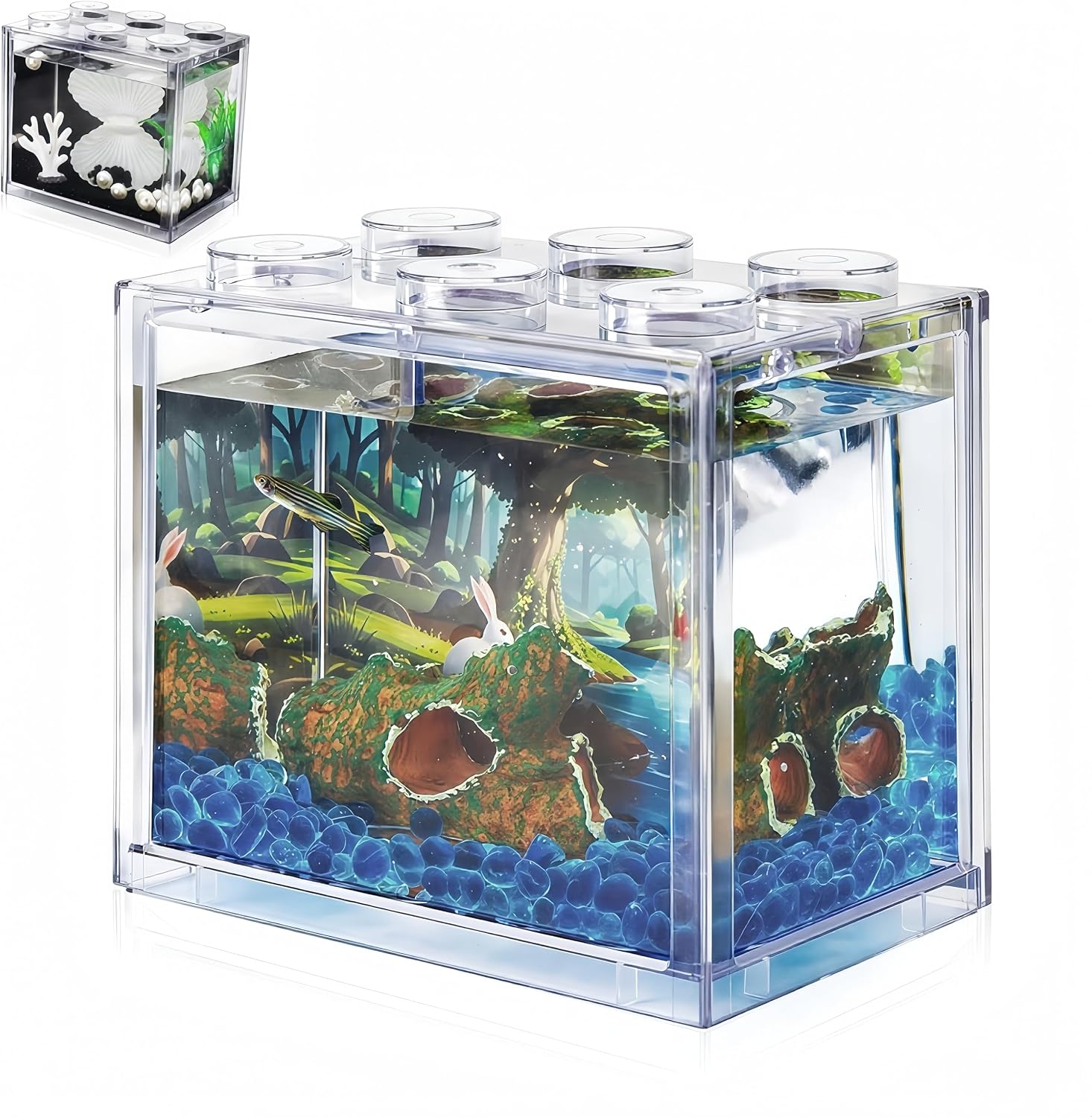 Small Betta Fish Tank, Mini Sea Monkey Tank Aquarium Kit with Gravel & Background Resin Decor, 0.6 Gallon Stackable Tabletop Fish Bowl Accessories for Shrimp Seaweed Ball