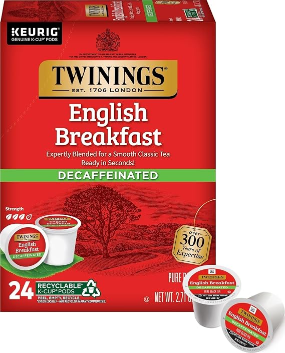 Twinings Decaffeinated English Breakfast Black Tea K-Cups 24 CT Box(1 Pack) | Smooth Classic Tea, Decaffeinated with Robust Full Flavour, 24 Keurig K-Cup Pods for Single Serve Brewers, Enjoy Hot or Iced