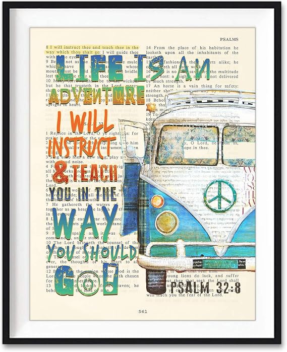 ART FOR THE MASSES Psalm 32:8 - Life Is an Adventure - Classic Antique Van Car - Vintage Bible Verse Scripture Wall Art Print, Unframed, Christian Wall and Home Decor
