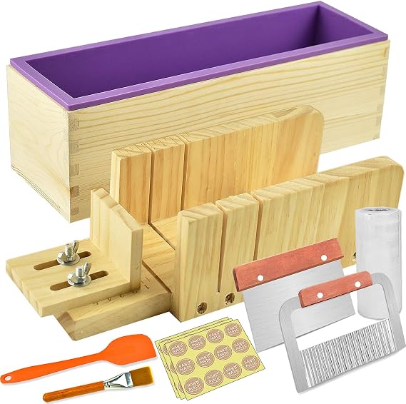 Artcome Loaf Soap Making Cutting Mold Kit Multi-Function Adjustable Wood Soap Mold Set - Rectangular Silicone Mold Set with Stainless Steel Wavy & Straight Cutter