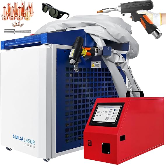US Stock 4 in 1 Laser Welder, Fiber Laser Welding Machine/Rust Removal/Cutting/Cleaning Machine, Handheld Welder Gun, Single Swing Laser & Single Wire Feeder, Water Chiller (1200Watts, 220V10%)