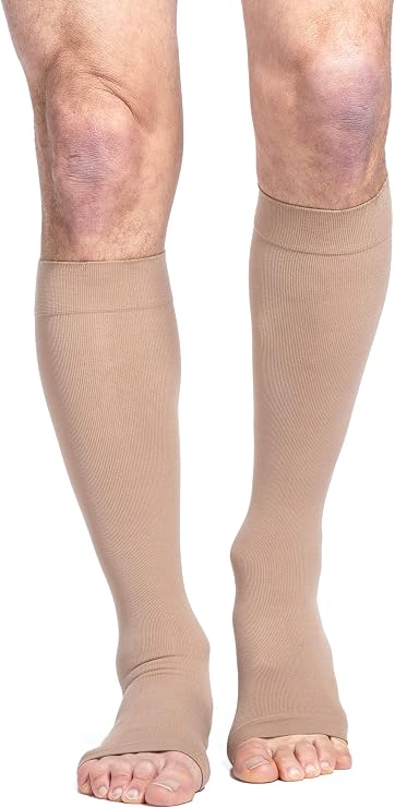 SIGVARIS Mens & Womens Essential Cotton 230 Open Toe Calf-High Socks 20-30mmHg - Light Beige - Medium Long