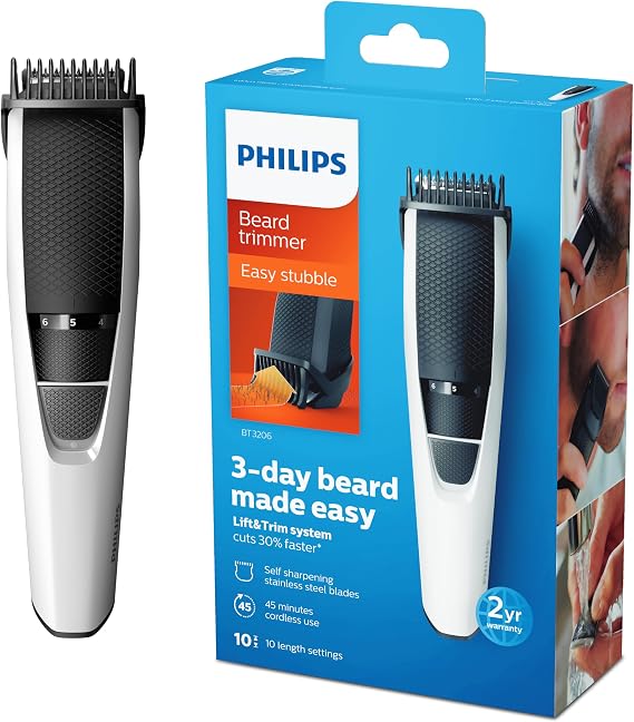 Philips Beard Trimmer Series 3000 with Lift & Trim PRO system (Model BT3206/13),White/Black, Packaging may vary