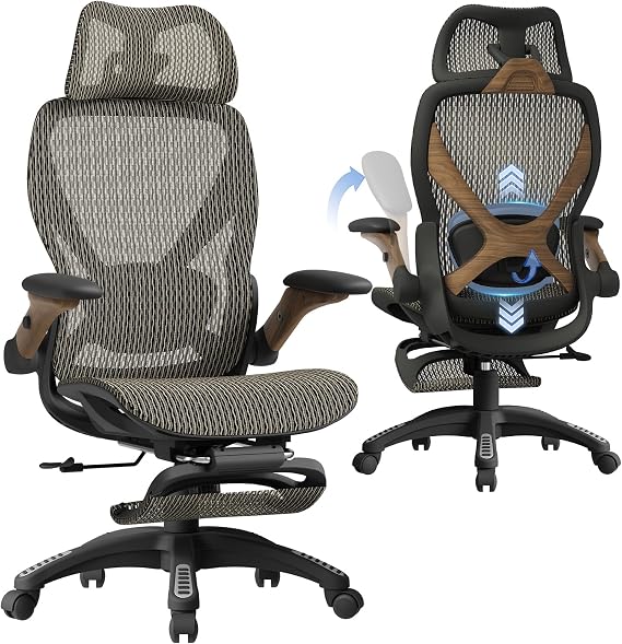 ELABEST X100 Ergonomic Mesh Office Chair with Footrest, Big and Tall Home Desk Chair with 5D Flip-Up Arms, Adjustable 3D Lumbar Support, Gaming & Executive Computer Chair (Coffee Break)