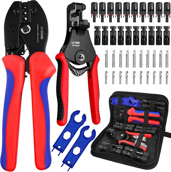 Solar Panel Connectors Kit with Crimping Tool,10 Pairs Male Female PV Connectors for 2.5/4/6 mm²(10-14 AWG), Includes Solar Crimper, Wire Stripper & 2 Spanners
