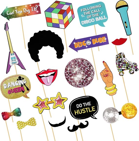 70s Disco Party Photo Props Kit - 20 Premium Retro-Style Props, Funky Photo Booth Accessories, Decorations for Hippie, Disco Fever, Woodstock Party,1970s Themed Celebration