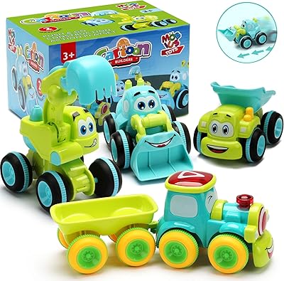 Toys for a 2 Year Old Boy - 4 Friction Powered Trucks for 3 Year Old Boys, Push & Go Cars Cartoon Construction Vehicle Set - Best Toddler Boys Toys & Toy Trucks, Play Pull Back Car, Idea