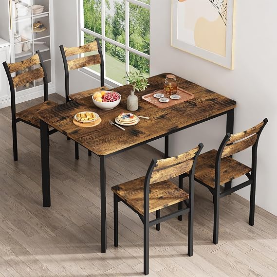 DKLGG 43'' Dining Table Set for 4 Wood Kitchen Table Chairs Set of 4, Classics 5 Piece Dining Table Set with Ergonomics Chairs for Home, Small Space, Apartment (Rustic Brown)
