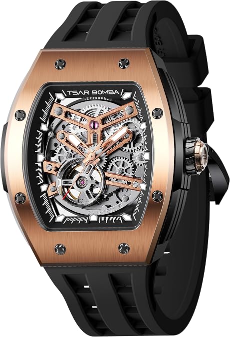 Tsar Bomba Mens Automatic Watch Skeleton Tonneau Luxury Mechanical Watches for Men 50M Waterproof Japanese Movement Sapphire Glass Unique Large Square Wrist Watch with Silicone Strap