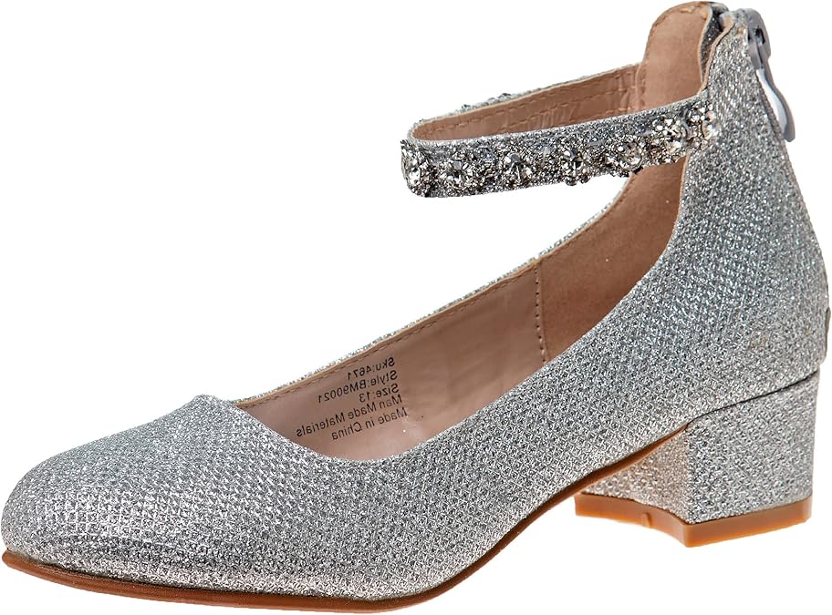 Badgley Mischka Girls Dress Block Medium Heel Party Pumps Closed Toe Ankle Strap High Heels for Girl - Black/Silver/Champagne/Rose Gold (Sizes 11-13 Little Kid/Sizes 1-5 Big Kid)