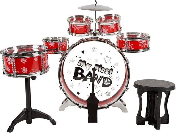 HEY! PLAY! 10-Piece Toy Drum Set for Kids - Bass Drum with Foot Pedal, 5 Tom Drums, Cymbal, Stool, and 2 Drumsticks for Toddler Boys and Girls (Red)