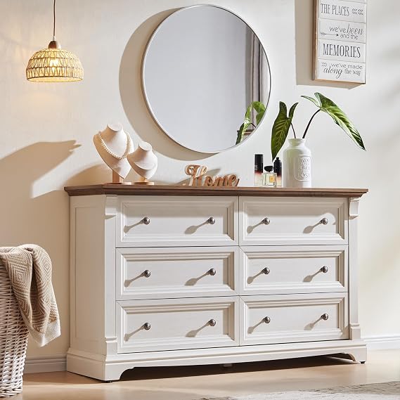 T4TREAM Farmhouse 6 Drawers Dresser for Bedroom, 54" Wide Large Dressers & Chests of Drawers w/Roman Column, Wooden Dresser TV Stand with Large Drawers for Nursery Bedroom Living Room, Antique White
