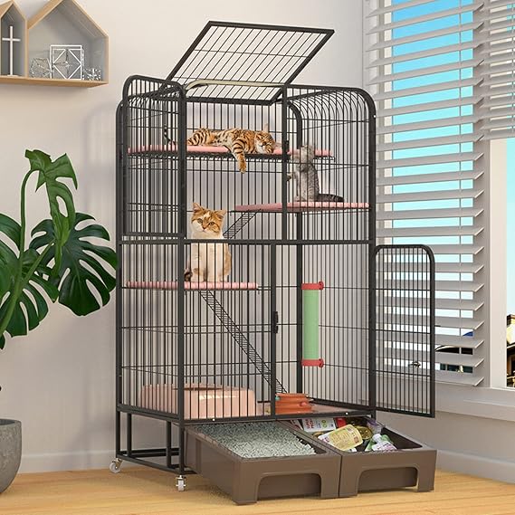 キャットケージ - ヘビーデューティードッグクレート 強力メタルドッグケージ 犬小屋 キャットハウス キャットコンドミニアム 折りたたみ式メタルクレートケージ 中型および大型犬用 ペットプレイサークル 屋内 屋外 4つの車輪付き ブラック4層