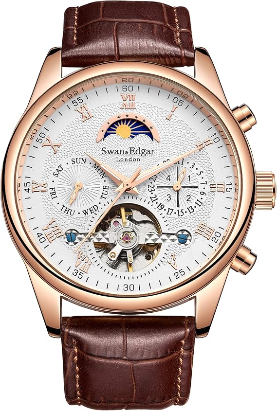 SWAN AND EDGAR Complexity - Automatic Watch for Mens | Moon Face & Open Heart Skeleton Dial | Stainless Steel Case, Sapphire Crystal, Genuine Leather Strap, 30M Water Resistant,