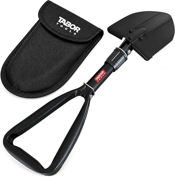 TABOR TOOLS J35A Folding Shovel, Portable Survival & Camping Shovel, Compact Tactical Entrenching E-Tool for Off-Road, Beach, Snow & Emergencies, Steel Blade with Carrying Pouch