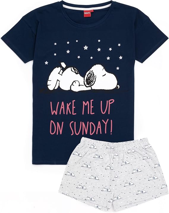 Peanuts Snoopy Pyjamas For Women | Ladies Grey Long Or Short PJ Bottoms With Beagle Dog Navy T-Shirt | Animated By Schulz Merchandise