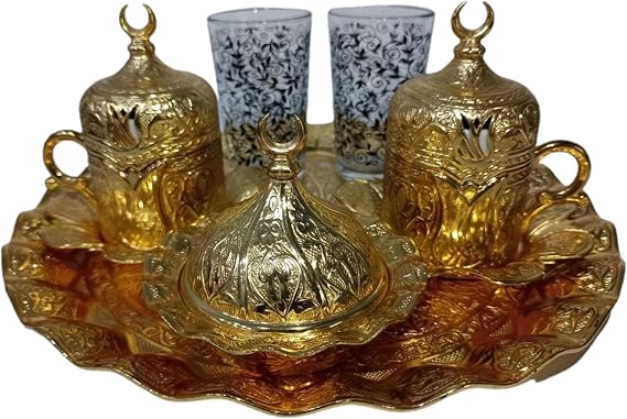 Turkish Greek Arabic Coffee Espresso Serving Set for 2,Cups Saucers Lids Tray Delight Sugar Dish 2 cups of Water 13 pc