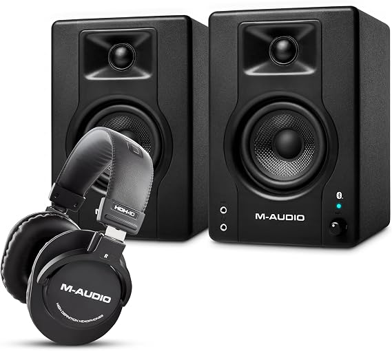 M-AUDIO BX3 Pair Bluetooth Studio Monitors Bundle with Headphones for Studio Recording, Music Production, Podcasting, Streaming