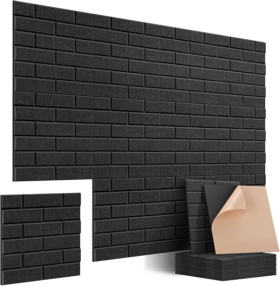 JAMELO 12 Pack Sound proofing Panels, Self-Adhesive 12*12*0.4in Brick Shaped Stylish Acoustic Panels, High Density 3D Insulation Wall Panels for Door, Ceiling, Wall,Studio,Bedroom,Office（Black）