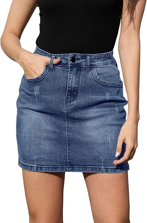 HERBATOMIA Womens Mini Jean Skirt Stretchy High Waist Denim Bodycon Short Skirts for Women with Pockets