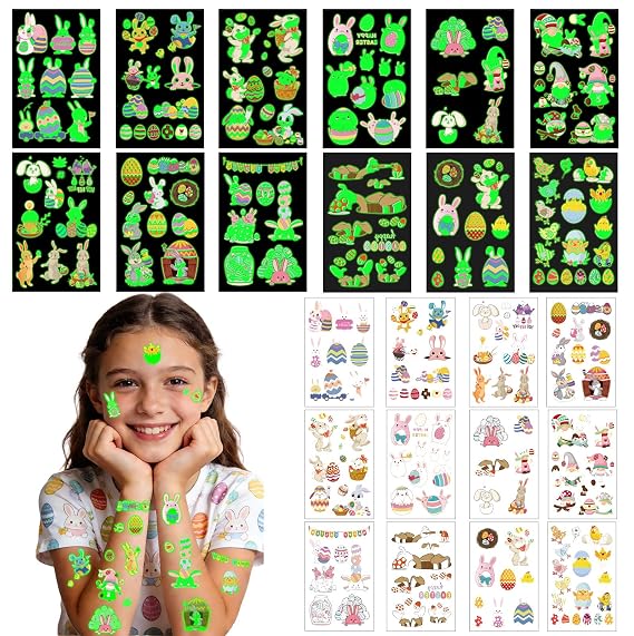 144Pcs Luminous Easter Temporary Tattoos, Egg Fillers Easter Basket Stuffers for Teens Kids, Glow in the Dark Easter Tattoos Stickers, Party Favors Supplies, Easter Gifts, Basket Essentials