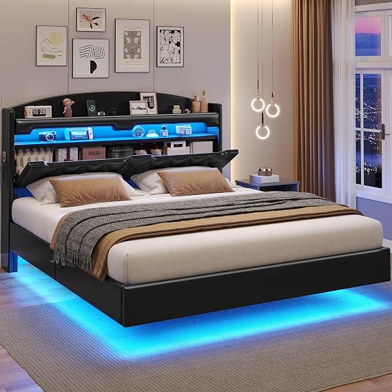 BTHFST Floating Bed Frame Full Size with Hidden Storage Headboard, PU Black | Type-C Charging Station, RGB Floating Platform Bed, No Box Spring Needed, Wooden Slats Support, Easy Assembly