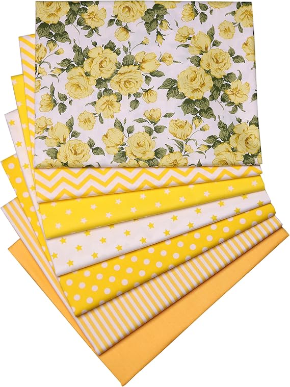 Yellow Print Cotton Fabric Fat Quarter Bundles - Quilting Fabric Material for Sewing, Patchwork Quilt, Apparel, Bags, Upholstery, and Crafts, 7 pcs 15.7" x 19.7" Pre Cut