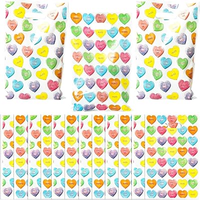 AellasNervalt Conversation Heart Party Bag - 50Pcs Party Favor Bag Gift Wrap Goodie Treat Bags Colorful Conversation Heart Plastic Candy Gift Bag for Valentines Party Sweetest Day Classroom Supplies