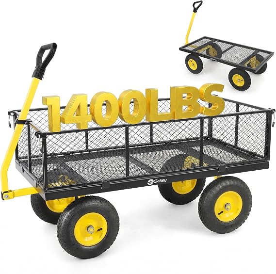 Sekey 7.7 Cu Ft Steel Garden Cart, 1400 lb Capacity, Towable Handle