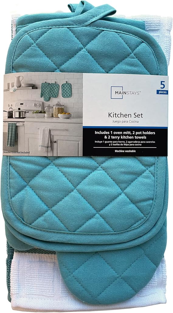 5 Piece Kitchen Towels Set 2 Towels, 1 Oven Mitt and 2 Pot Holders Topaz