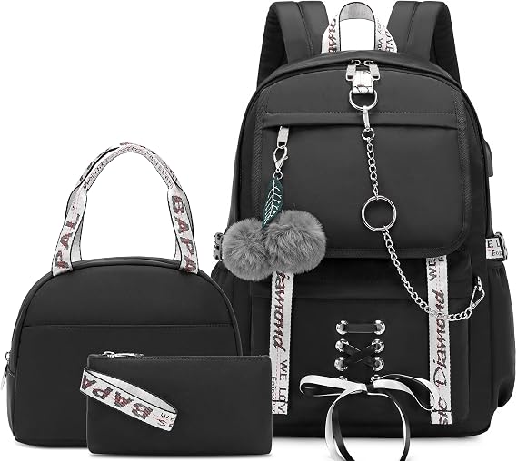 School Backpacks for Girls Backpack with Lunch Box Cute Kids Backpack for School Girls Teens Bookbag Set (Black)