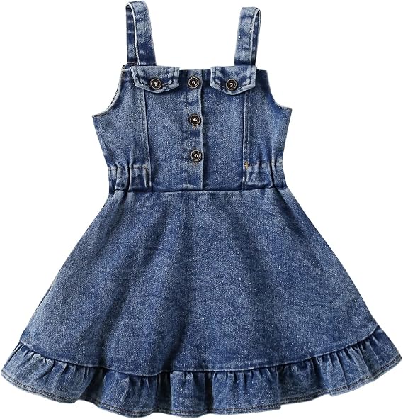 Toddler Baby Girl Denim Dress Ruffles Sleeveless Strap Button A-Line Jeans Dress Sundress Summer Clothes Set