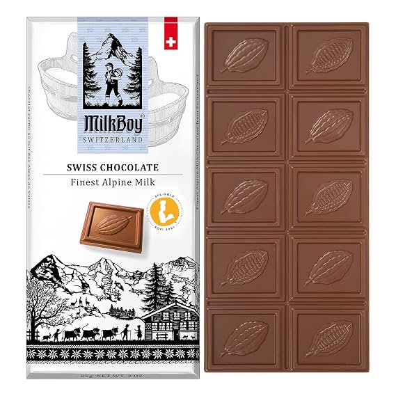MilkBoy Swiss Chocolates Alpine Milk Chocolate Bars - 3 oz | Premium gourmet treat with creamy milk. Rainforest Alliance certified cocoa. Gluten free. Kosher. Crafted in Switzerland.