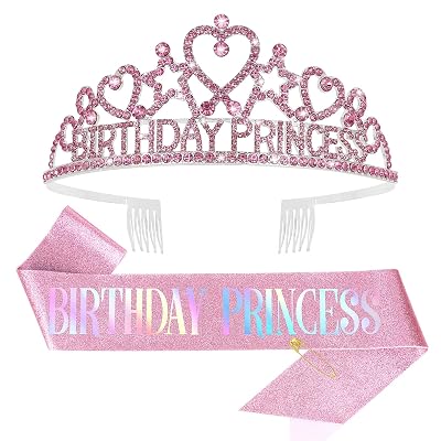 CIEHER Pink 2 Birthday Crown and Sash Set - Rhinestone Tiara & Glitter Sash - Girls Ages 3-12 - Female - Womens Accessories - Princess Party Decorations