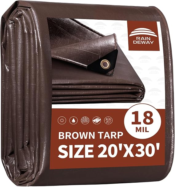 RAINDEWAY Tarp 20x30ft Brown Tarps Heavy Duty Waterproof 18Mil Extra Thick